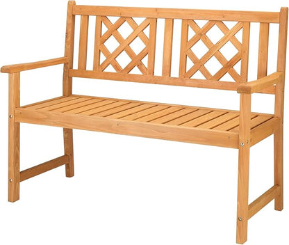 Wooden Garden Bench, Outdoor Patio Bench, Rustic Two Person Loveseat wood Chair w/Armrest for Porch Poolside Park Backyard Balcony, Capacity 605Lbs, Grid Backrest