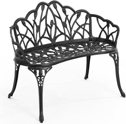 Patio Aluminum Outdoor Bench, Garden Metal Loveseat Furniture, Vintage Tulip Carving Antique Black Front Porch Chair Seat