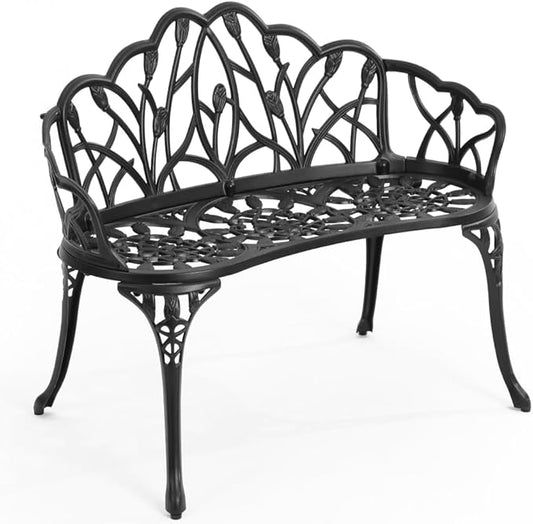 Patio Aluminum Outdoor Bench, Garden Metal Loveseat Furniture, Vintage Tulip Carving Antique Black Front Porch Chair Seat