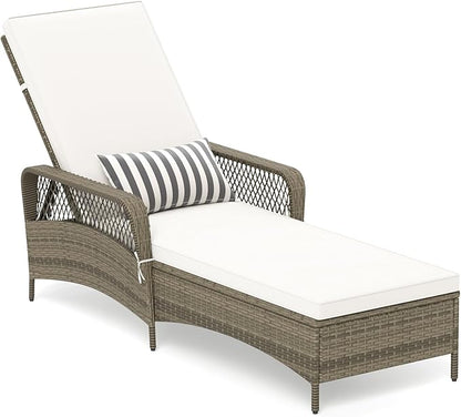 Wicker Chaise Lounge Chair, Patio Rattan Recliner with 6-Position Adjustable Backrest, Soft Cushions, Removable Lumber Pillow & Armrests, Lounger Chair for Poolside & Backyard (Off White)