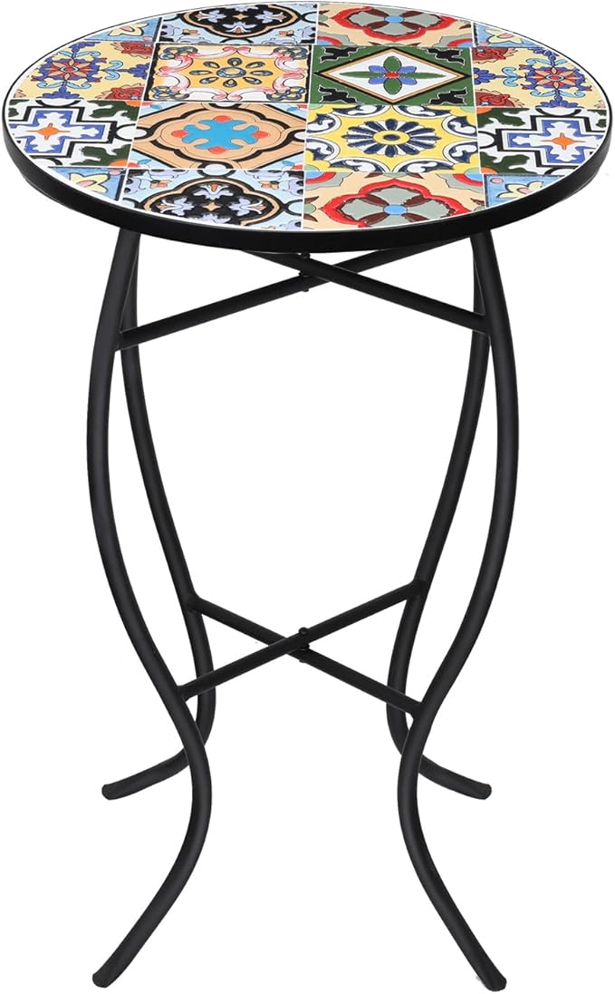 VCUTEKA Mosaic Outdoor Side Table - Small Patio Table Coffee Outside Accent Tables Round End Plant Tables for Bistro - Photo 8