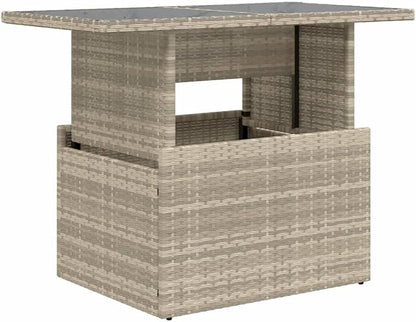Height Adjustable Outdoor Table with Tempered Glass Top and Light Gray Poly Rattan for Garden, Patio, Balcony, Dining and Coffee, Manual Height Adjustment, Weather Resistant,