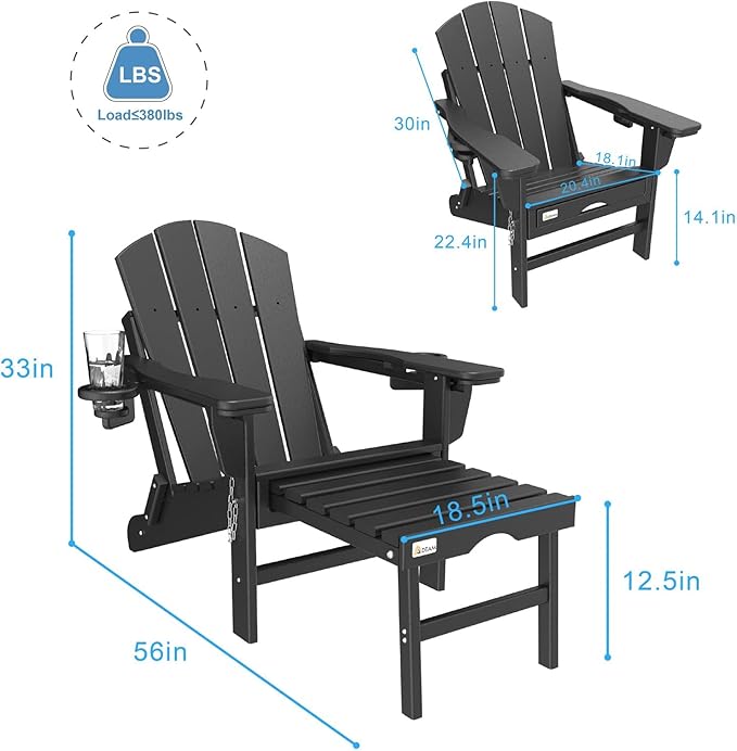 Mdeam 3-Level Adjustable Adirondack Chair with Retractable Ottoman, HDPE All-Weather Folding Fire Pit Chair with 2 Cup Holders, Outdoor Chair for Deck Patio Garden Backyard Lawn (Black)