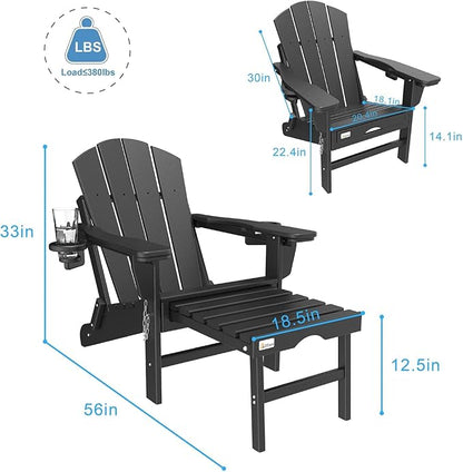 Mdeam 3-Level Adjustable Adirondack Chair with Retractable Ottoman, HDPE All-Weather Folding Fire Pit Chair with 2 Cup Holders, Outdoor Chair for Deck Patio Garden Backyard Lawn (Black)