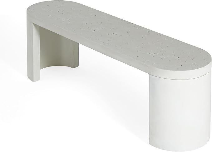 Christopher Knight Home Duro Durable Concrete Outdoor Bench with Modern White Terrazzo Effect, Outdoor Dining Chair, Oval Garden Bench with Pedestal Base, Extra Seating for Patio/Balcony, White