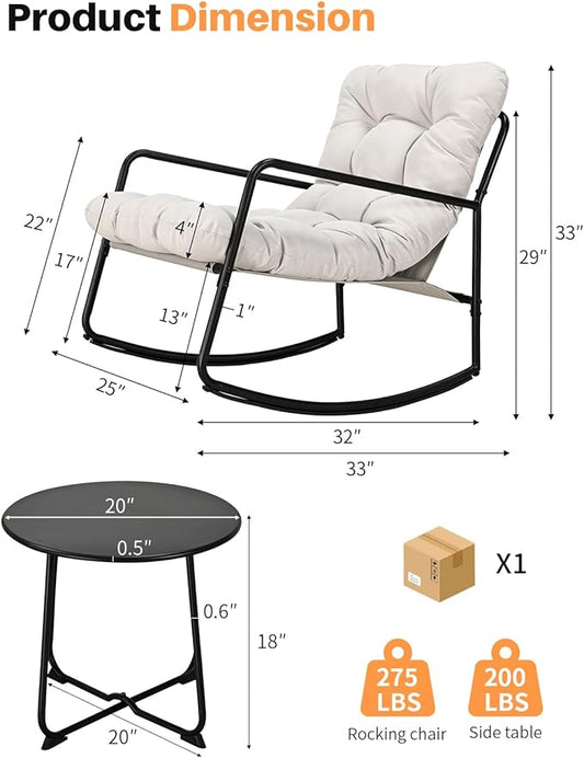 Outdoor Rocking Chair Set, 2-Piece Metal Patio Bistro Set with Patio Rocker Chair and Round Side Table, Outdoor Papasan Chair with Padded Cushion for Garden, Apartment, Indoor, Off-White