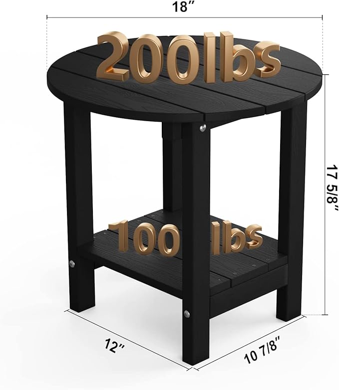 MXIMU Round Outdoor Side Table Adirondack Tables 18 Inch Chairside End Tables with Storage Shelf, 2-Tier Plastic Patio Side Table, Weather Resistant for Balcony Backyard Lawn (Black, 2 Pack)