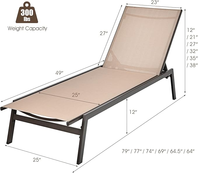 Giantex Chaise Lounge Chair Patio Chaise Lounger with 6-Position Adjustable Backrest and Breathable Fabric, Outdoor Recliner for Patio, Poolside, Backyard and Garden (2, Beige)