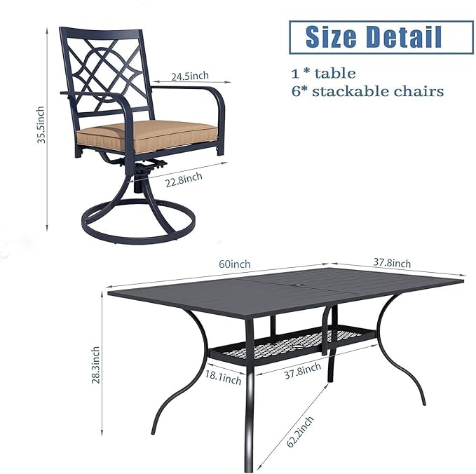 SUNCROWN 7 Pieces Outdoor Dining Set Metal Swivel Cushioned Chairs Patio Furniture Sets with Steel Slat Bistro Table and Brown 10Ft Patio Umbrella for Backyard, Lawn, Garden, Deck, Poolside