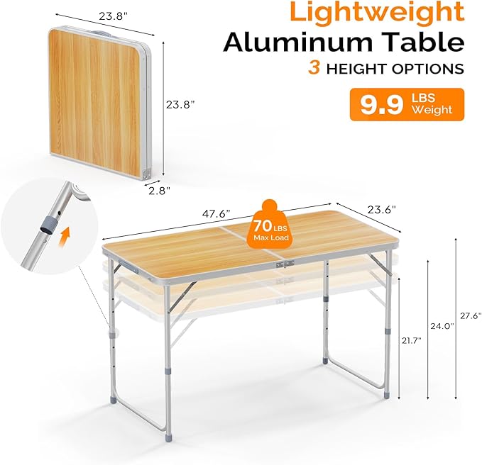 VINGLI 4FT White Folding Table with Carrying Handle Height Adjustable Lightweight Fold Up Portable for Indoor Outdoor - Photo 2