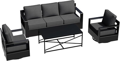 Outdoor Aluminum Furniture Set, 4-Piece Patio Conversation Set, 2 Swivel Chairs, 1 Sofa and 1 Table, All-Weather Metal Frame, 6" Thick Removable Cushions, Deep Setting for Garden, Poolside and Porch
