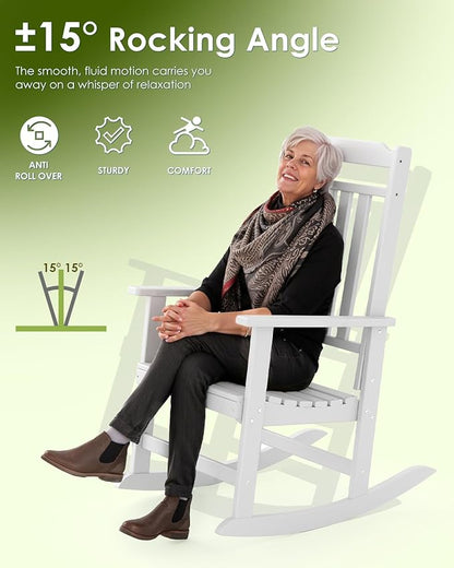 GREENVINES Outdoor-Rocking-Chair | HDPE Plastic | Patio Rockers | Porch Rocker Chairs | Oversized | High Back | Big & Tall | White