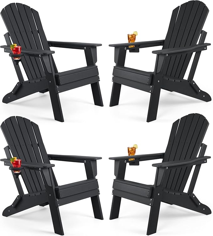 FUNBERRY Folding Adirondack Chair Set of 4, HDPE All Weather Fire Pit Chairs with Cup Holder for Outdoor