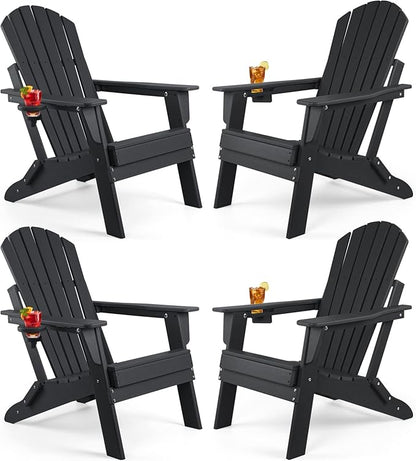 FUNBERRY Folding Adirondack Chair Set of 4, HDPE All Weather Fire Pit Chairs with Cup Holder for Outdoor
