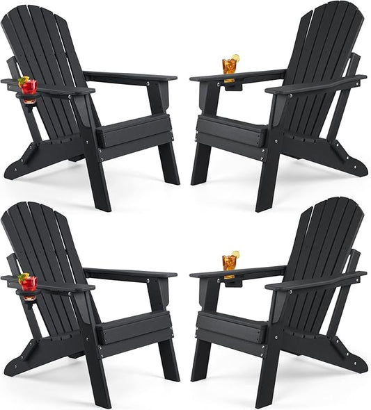 FUNBERRY Folding Adirondack Chair Set of 4, HDPE All Weather Fire Pit Chairs with Cup Holder for Outdoor