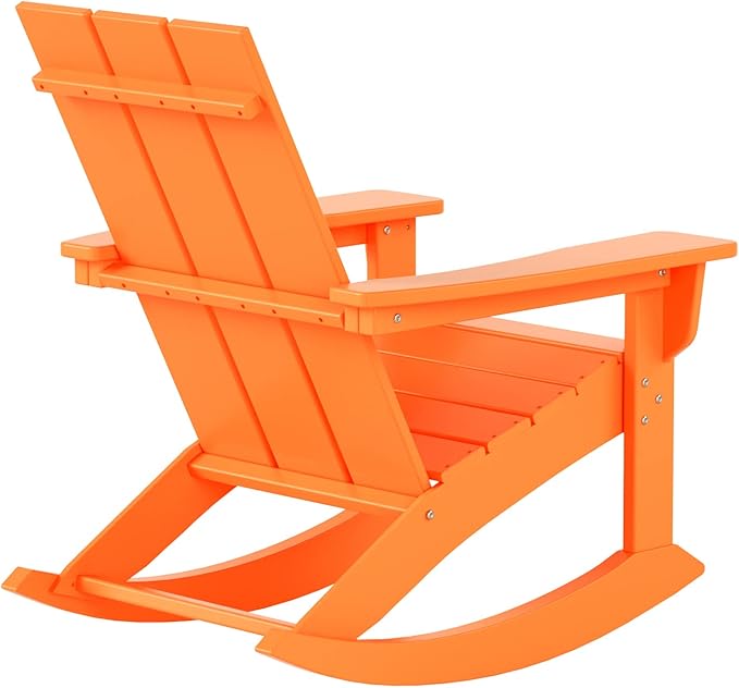 WestinTrends Ashore Patio Rocking Chair, All Weather Poly Lumber Plank Adirondack Rocker Chair, Modern Farmhouse Outdoor Rocking Chairs for Porch Garden Backyard and Indoor, Orange