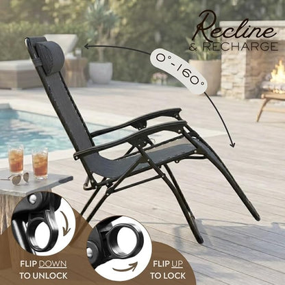 Adjustable Zero Gravity Lounge Chair with Steel Mesh Fabric: Reclining Lawn Chair Featuring Comfort Pillow, Cup Holder Tray, and Customizable Recline Positions