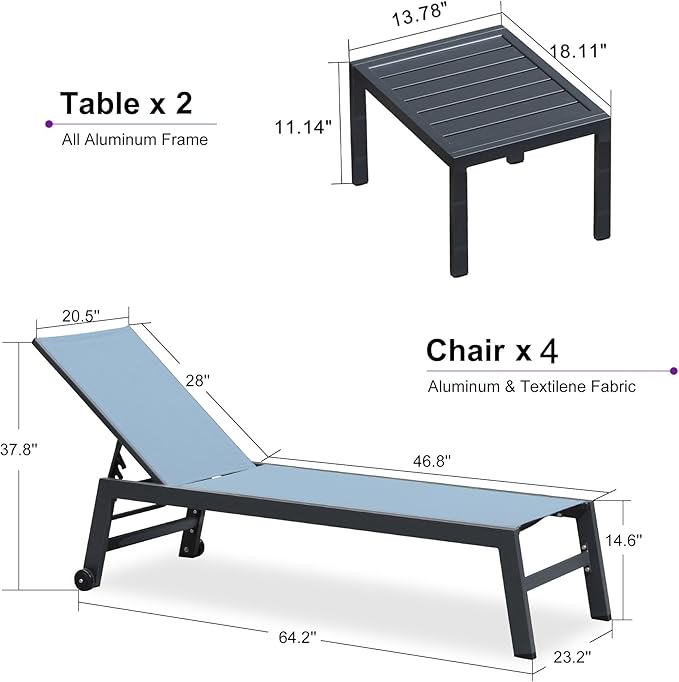 PURPLE LEAF Patio Chaise Lounge Set for 4 Outdoor Chaise Lounge Chair with Aluminum Frame and Easy-to-Move Wheels Pool - Photo 3