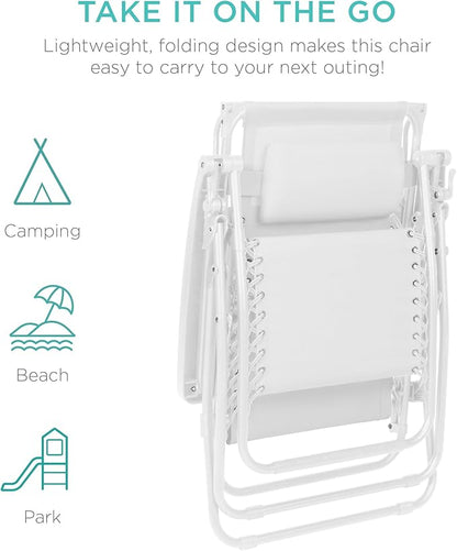 Best Choice Products Folding Zero Gravity Outdoor Recliner Patio Lounge Chair w/Adjustable Canopy Shade, Headrest, Side Accessory Tray, Textilene Mesh - Snow