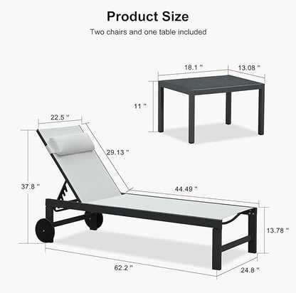 PURPLE LEAF Patio Lounge Chair Set Outdoor Chaise Lounger Aluminum Frame with 2 Side Table and Wheels for Pool Outside Sunbathing Tanning Recliner Including Pillows White