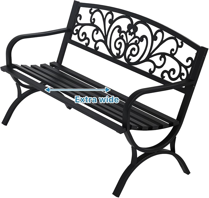 Dkelincs Outdoor Benches Memorial 50" Extra Wide Patio Park Metal Waterproof Garden Bench with Armrests Arched Legs Floral Backrest for Outside Porch Backyard Park,Black