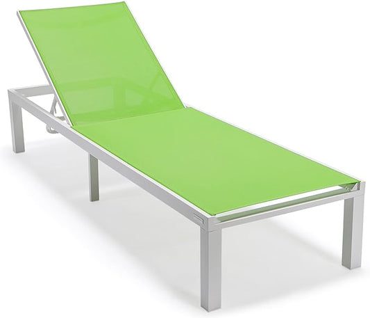 LeisureMod Marlin Aluminum Outdoor Chaise Lounge Chair - Mesh Sling Fabric Seat White Aluminum Frame Beach, Pool Lounge Chair for Modern Patio Lawn, Garden and Backyard (Green)