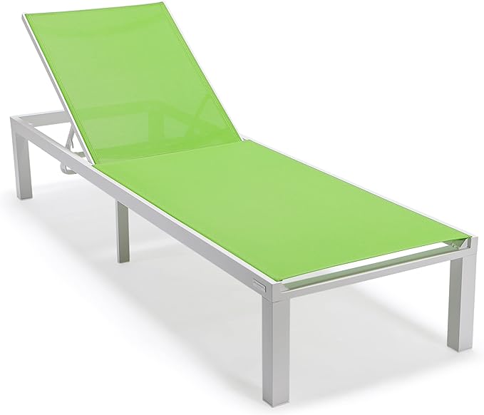 LeisureMod Marlin Aluminum Outdoor Chaise Lounge Chair (Set of 2) - Mesh Sling Fabric Seat White Aluminum Frame Beach, Pool Lounge Chair for Modern Patio Lawn, Garden and Backyard (Green)
