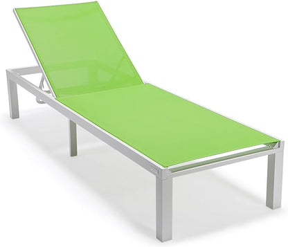LeisureMod Marlin Aluminum Outdoor Chaise Lounge Chair (Set of 2) - Mesh Sling Fabric Seat White Aluminum Frame Beach, Pool Lounge Chair for Modern Patio Lawn, Garden and Backyard (Green)