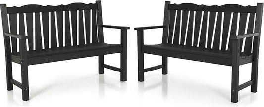 Outdoor Bench Set of 2, Weatherproof Garden Benches for Outdoors, All Weather HIPS Patio Bench Holds up to 800lbs, Never Rot or Fade, Comfort Bench for Porch Garden Patio Yard and Park(Black)