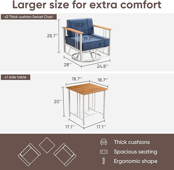 Patio Furniture Set of 3,with 6-inch Thick Cushion Outdoor Furniture Set, Swivel Rocking Chairs Set,Wood Grain armrests,trapezoidal backrest,Indoor/Outdoor Balcony Seating,White | Blue