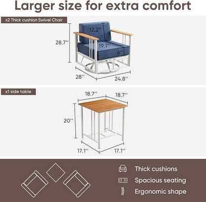 Patio Furniture Set of 3,with 6-inch Thick Cushion Outdoor Furniture Set, Swivel Rocking Chairs Set,Wood Grain armrests,trapezoidal backrest,Indoor/Outdoor Balcony Seating,White | Blue