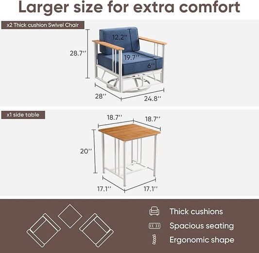 Patio Furniture Set of 3,with 6-inch Thick Cushion Outdoor Furniture Set, Swivel Rocking Chairs Set,Wood Grain armrests,trapezoidal backrest,Indoor/Outdoor Balcony Seating,White | Blue