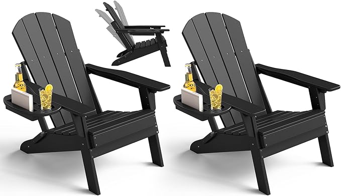 Adjustable Adirondack Chair Set of 2 with Cup Holder, All Weather HDPE Fire Pit Chairs for Deck, Backyard, Patio, Black
