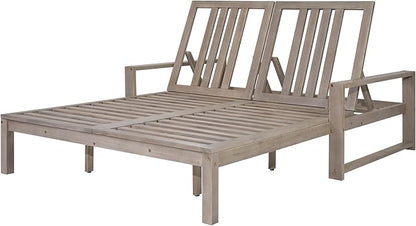 Outdoor Double Lounge Chair with 5-Position Adjustable Backrest for Each Seat, Wood Patio Chaise Lounge with Removable Cushions for Patio, Poolside, Garden (Grey-D2)