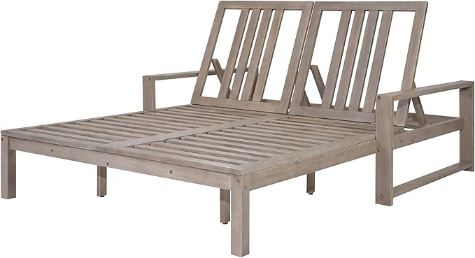 Acacia Wood Outdoor Double Chaise Lounge with 5-Position Adjustable Backrest and Armrest - Photo 8