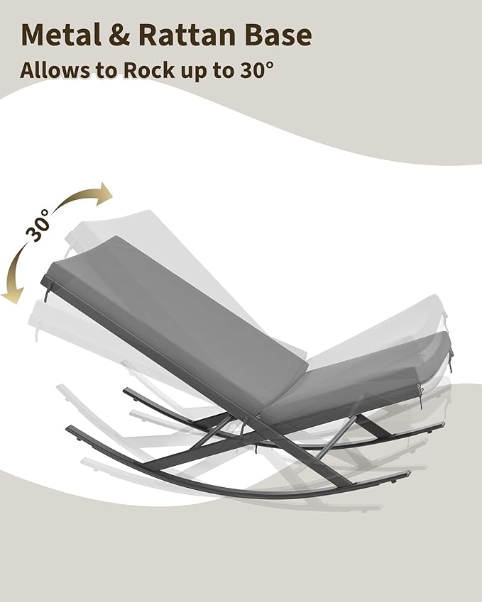 GarveeLife Outdoor Rocking Lounge Chair Set of 2, Patio Chaise Lounge with Removable Cushion for Napping Relaxing, Indoor Reclining Papasan Rocker Chair, Grey