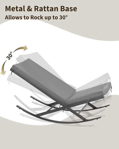 GarveeLife Outdoor Rocking Lounge Chair Set of 2, Patio Chaise Lounge with Removable Cushion for Napping Relaxing, Indoor Reclining Papasan Rocker Chair, Grey