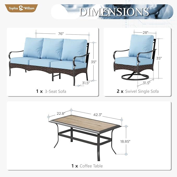 Sophia & William Patio Furniture Set, 4 Piece Metal Outdoor Conversation Set with 3-Seater Outdoor Couch - Photo 7