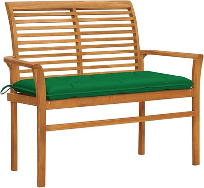Solid Teak Wood Garden Bench with Green Cushion for Outdoor Patio and Balcony, Durable Two-Person Seating Furniture for Relaxation and Comfort