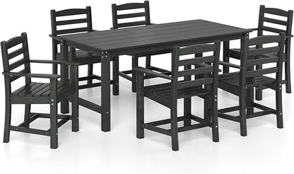 Tangkula 7 Pcs Outdoor Dining Table Set for 6, 67” HDPE Weather-Resistant Patio Rectangle Table & 6 Armchairs w/Curved Seat, Umbrella Hole, Wood Grain, Plastic Dining Furniture (Black, 7 Pcs)