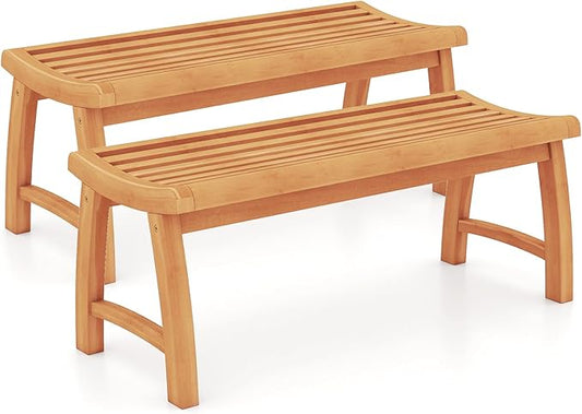 Tangkula Teak Wood Outdoor Bench, 2-Person Patio Backless Garden Dining Bench with Contoured Slatted Seat, 800 lbs Capacity, Outside Seating Furniture for Porch, Balcony, Deck & Yard