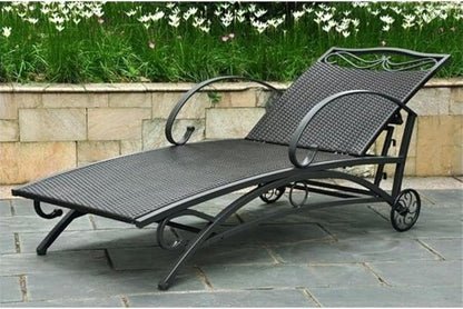 Pemberly Row Patio Chaise Lounge, 73 in Long, Wrought Iron Frame, Antique Black Finish, Weatherproof Outdoor Wicker Resin Design, Adjustable 5-Position Recliner for Backyard or Poolside Relaxation