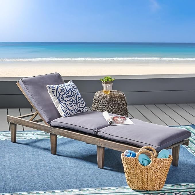 Acacia Wood Outdoor Chaise Lounge Chair with Cushion, Adjustable Recline Patio Lounger for Pool - Photo 1