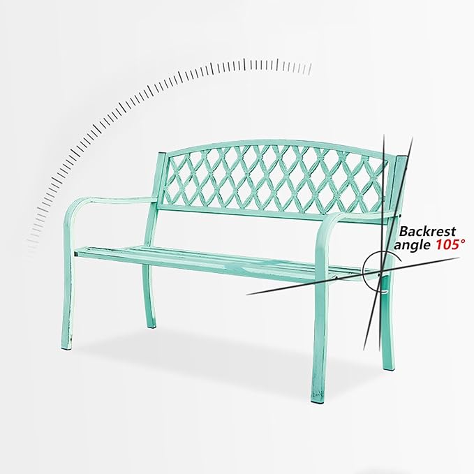 Outdoor Metal Garden Bench with Curved Backrest & Armrests, Galvanized Antique Finish Patio Seating for Backyard, Deck, Lawn - Durable & Stylish Furniture