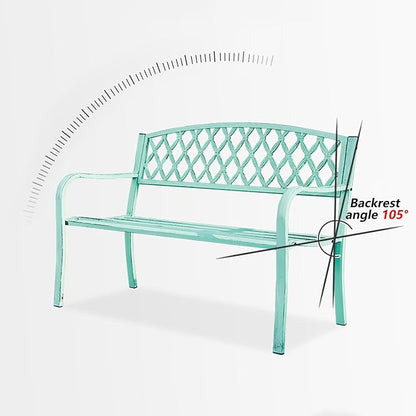 Outdoor Metal Garden Bench with Curved Backrest & Armrests, Antique Finish Patio Furniture, Galvanized Steel Frame for Backyard, Deck, Lawn Seating