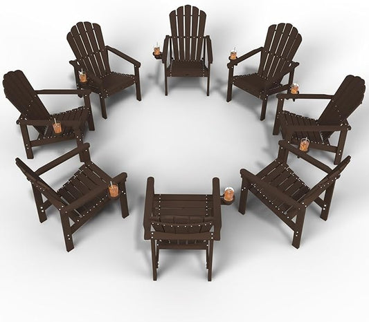 Stackable Adirondack Chair Set of 8, HDPE All-Weather Adirondack Chairs - Durable and Space Saving, Plastic Outdoor Fire Pit Chairs with Cup Holder,Brown