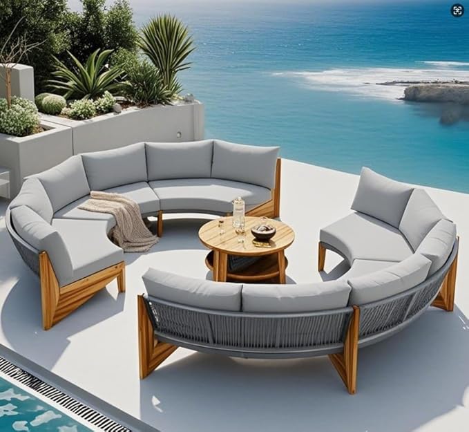 Quarte Outdoor Acacia Wood Round Sofa Set, Sectional Sets with Coffee Table, 6-Person Seating Group for Garden - Photo 1