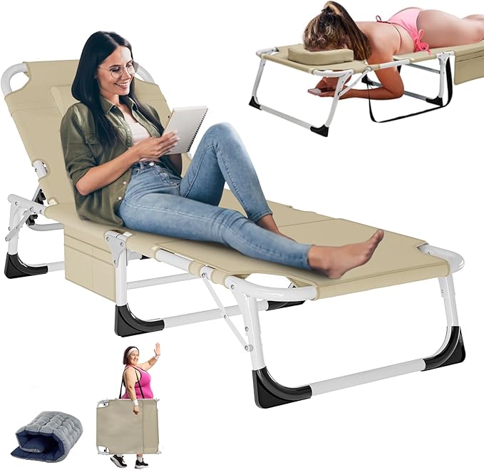 LILYPELLE Folding Chaise Lounge Chair with Mattress, 5 Position Beach Chair with Face Hole - Photo 1