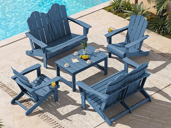 SERWALL 5 Pieces HDPE Patio Adirondack Chair Set, 2 Adirondack Chair with Cup Holder & 2 Adirondack Bench & 1 Coffee Table with Umbrella Hole, Navy