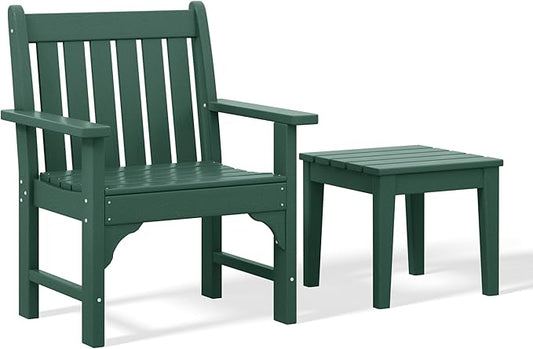 Costaelm Outdoor Patio Table and Chairs Set of 2, 2-Piece HDPE Garden Chair with Square Adirondack Side Table Set, Porch Chairs Coffee Table for Outside Porch Backyard, Dark Green